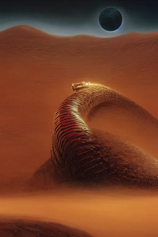Image similar to a sandworm on arrakis, god emperor of dune, shai hulud by david a hardy, noriyoshi ohrai, gary ruddell, greg rutkowski highly detailed, cinematic composition, trending on artstation