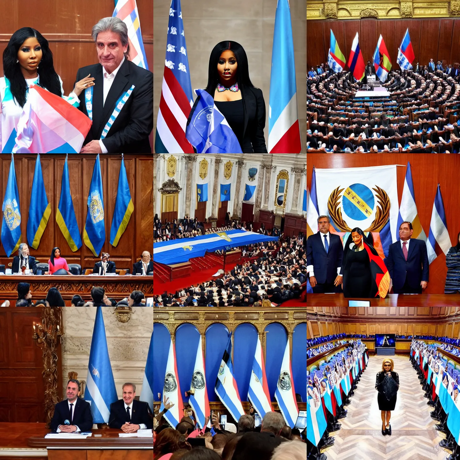 Image similar to Nicki Minaj president of Argentina, in the Argentine Congress, flags of Argentina behind, detailed picture