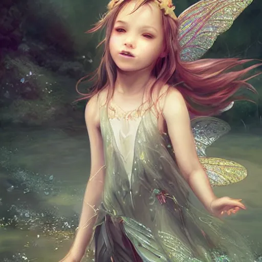 Prompt: child fairy fliying iver a river, forest by ross tran, highly detailed face