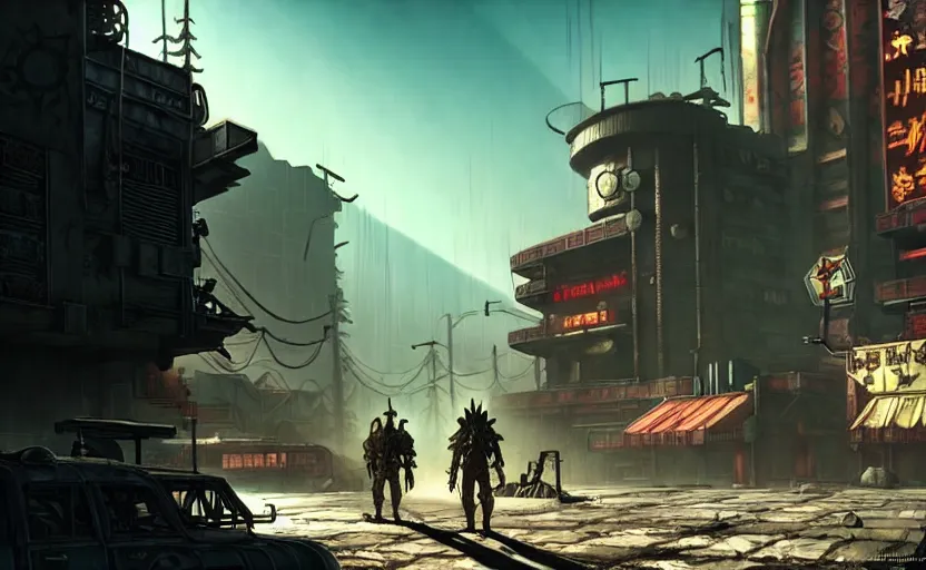 Image similar to fallout new vegas in an cyberpunk studio ghibli animated film, d & d, fantasy concept art, global illumination, beautiful composition, volumetric lighting, art by enki bilial, highly detailed