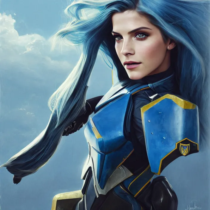 Image similar to portrait of a combination of Ashley Greene, Katheryn Winnick, Victoria Justice, Adriana Dxim, Grace Kelly and Emma Watson with blue hair wearing Interceptor's armor from Anthem, countryside, calm, fantasy character portrait, dynamic pose, above view, sunny day, thunder clouds in the sky, artwork by Jeremy Lipkin and Giuseppe Dangelico Pino and Michael Garmash and Rob Rey and Greg Manchess and Huang Guangjian, very coherent asymmetrical artwork, sharp edges, perfect face, simple form, 100mm