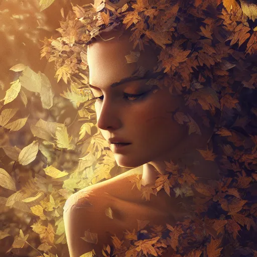 Prompt: a highly detailed digital image of an elegant woman surrounded and engulfed in leaves, matte background, artstation, detailed woman, stunning volumetric lighting, elegant, fantasy, 4k, 8k