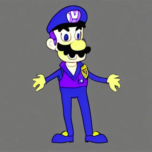 Prompt: Waluigi as a police officer pulling you over during the rain storm. Digital Art, Wario-cop partner is staring at you, sinister lighting