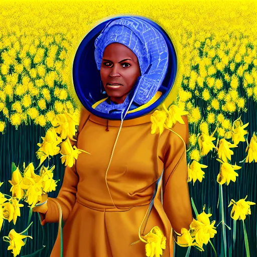 Image similar to a digital painting high resolution hypereealistic of a nubian woman wearing an astronaut standing in an open field of yellow daffodils