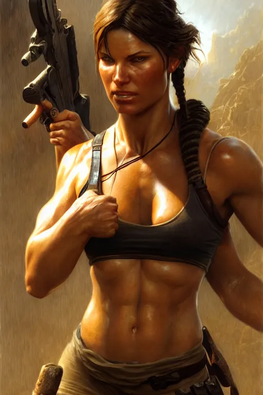 Image similar to muscular sweat lara croft, face close up, ambient occlusion, highly detailed painting by gaston bussiere, craig mullins, j. c. leyendecker 8 k