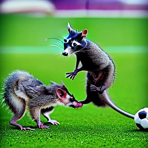 Image similar to a photograph of a soccer match between racoons and opossums