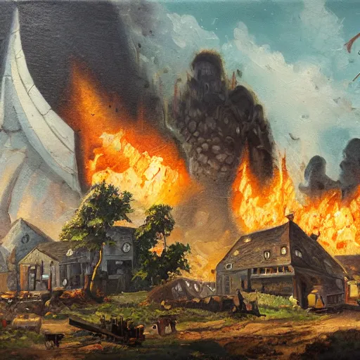 Image similar to oil painting of a village being destroyed by a giant alien