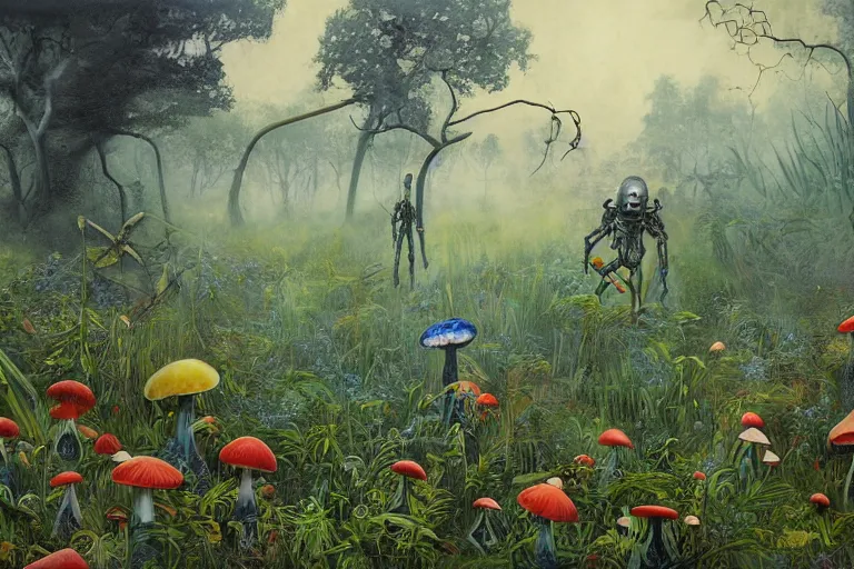 Prompt: surreal painting by chesley bonestelll!!, a lot of jungle wild flowers + poison toxic mushrooms + long grass + broken droid + garden dwarf + mystic fog + rain drops, 7 0's vintage sci - fi style, rule of third!!!!, line art, 8 k, super detailed, high quality