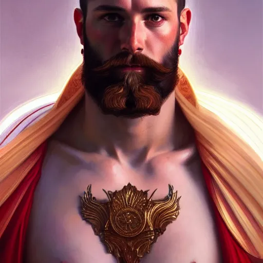 Image similar to portrait of a heavenly god, male, red and white and gold, masculine, beard, upper body, muscular, fantasy, intricate, elegant, dramatic lighting, highly detailed, digital painting, artstation, concept art, matte, sharp focus, illustration, art by artgerm and greg rutkowski and alphonse mucha