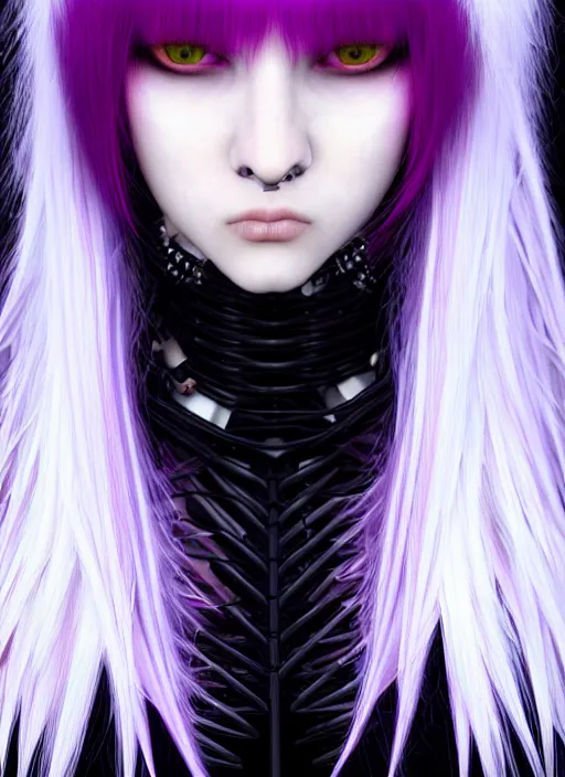 Prompt: hair whitebangs hair, black cyberlox, portrait of normal teenage girl, white bangs, messy bangs, fluffy bangs, cyberlox, whitebangs, red contact lenses, purple background, intricate, elegant, highly detailed, digital painting, artstation, concept art, sharp focus, smooth, illustration, art by wlop, mars ravelo and greg rutkowski