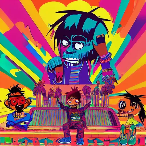 Image similar to album cover for the band gorillaz, by lisa frank, hypersaturated, various colors, ultra detailed, 8 k