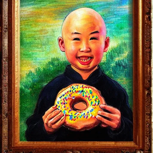 Image similar to bald chinese boy holding a donut, impressionist painting art