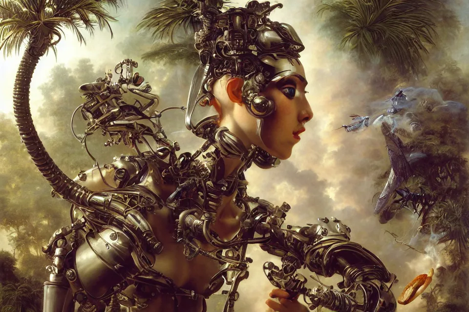 Image similar to an extreme close - up of a cyborg nymph wearing helmets of emperor charles v the wise playing with a giant insect surrounded by saxophones, palm trees, jungle fruit, and stylized designer modular chrome eye candy, volumetric light caustics clouds of smoke, by hajime soryama, boris vallejo, bouguereau, kim keever