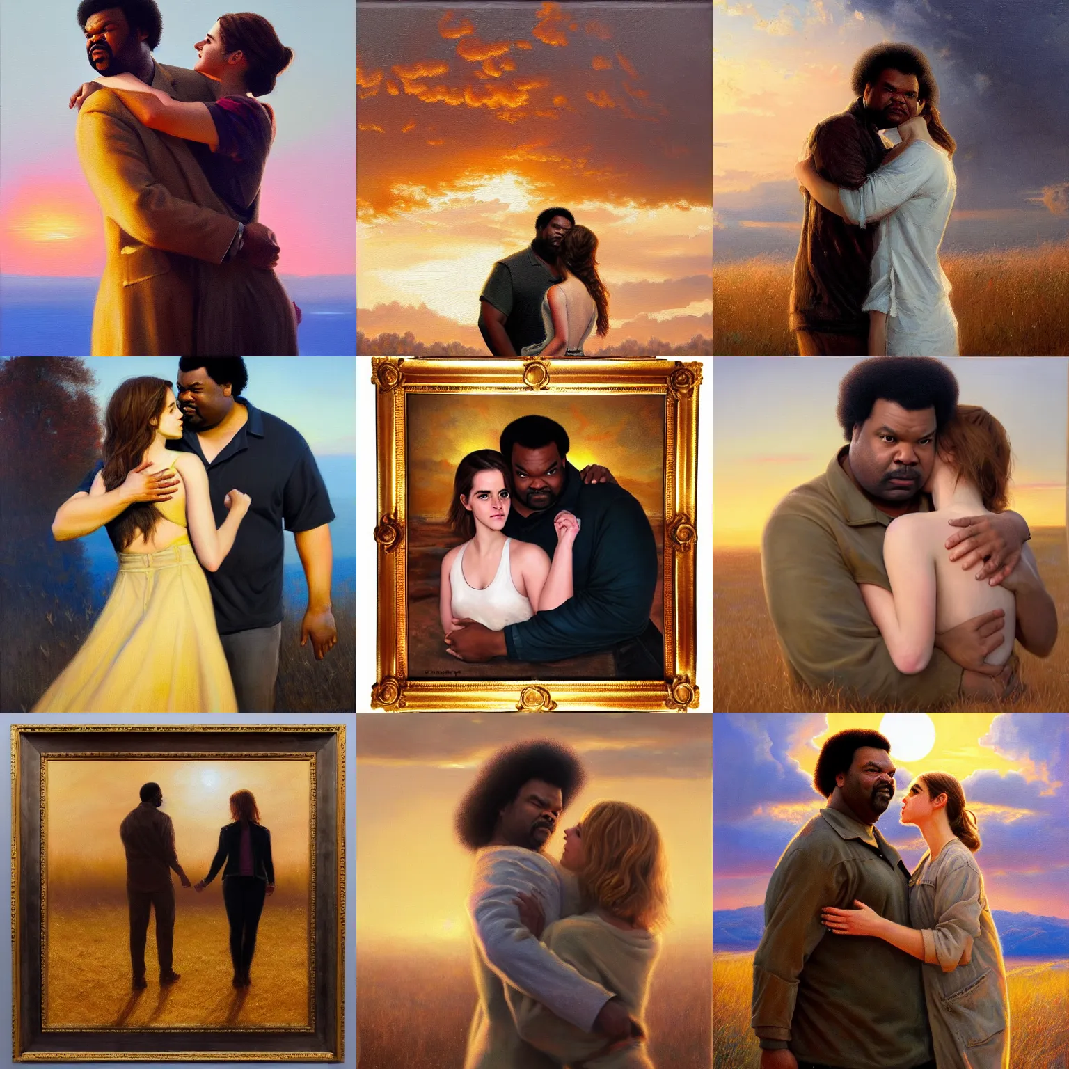 Prompt: craig robinson and emma watson, tender embrace, golden hour, nuclear wasteland, oil on canvas by william sidney mount, trending on artstation