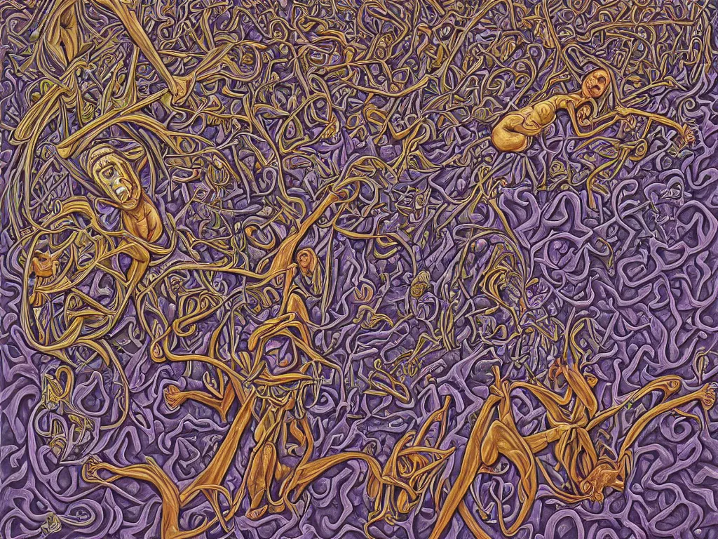 Image similar to expression of mind-matter interaction through death by Alex Grey and M. C. Escher collaboration, digital painting, Groundcore