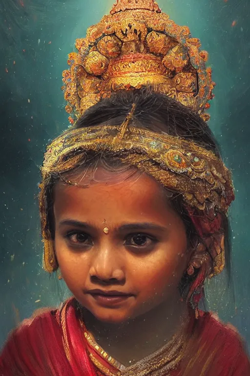 Image similar to hindu little girl, joyful, close - up portrait, intricate, elegant, volumetric lighting, scenery, digital painting, highly detailed, artstation, sharp focus, illustration, concept art, ruan jia, steve mccurry