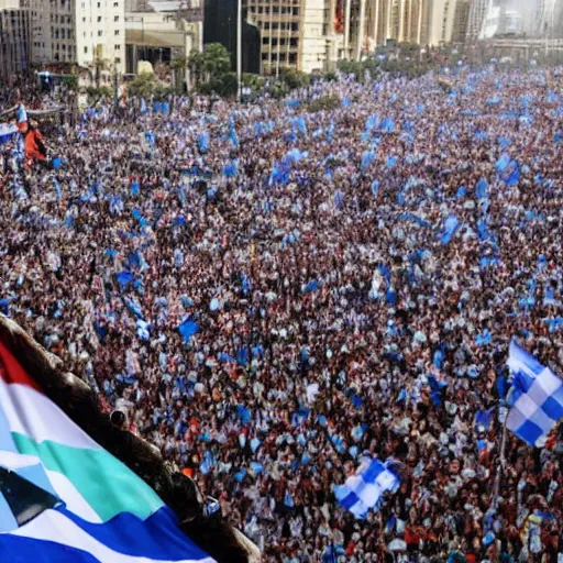 Image similar to Lady Gaga as president, Argentina presidential rally, Argentine flags behind, bokeh, giving a speech, detailed face, Argentina