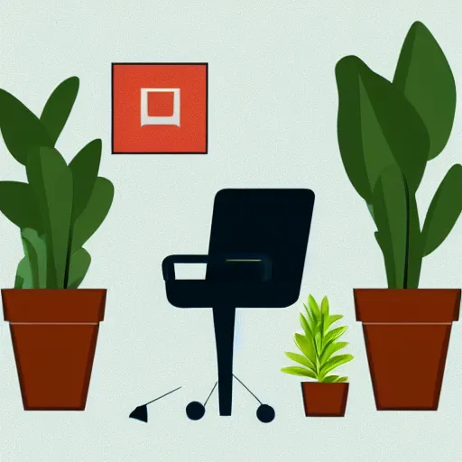 Prompt: A man is sitting at the table with laptop on an office chair, face towards camera. Office interior with lots of plants behind him. Vector illustration, hard edges, calm color palette.