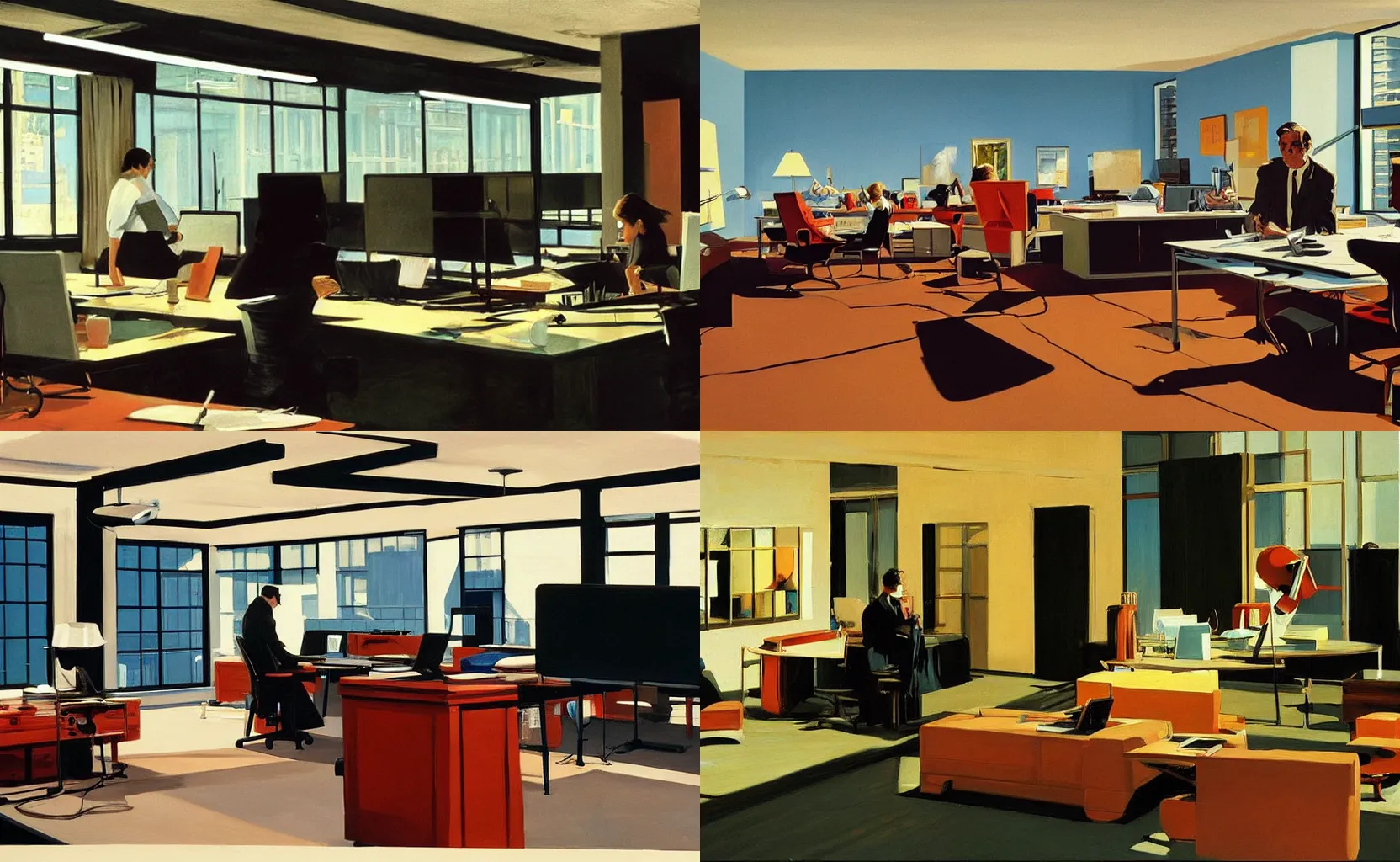 Prompt: the set of The Office (US), painting by Syd Mead and Edward Hopper