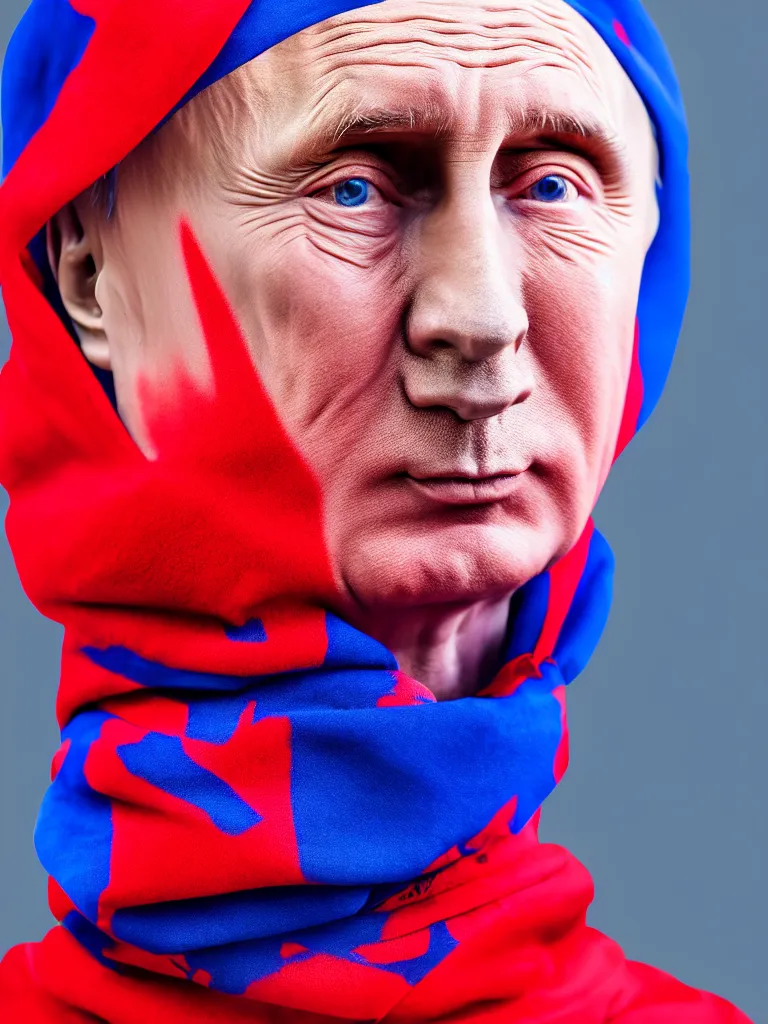 Image similar to body portrait of person in hoodie and red - blue - white bandana looking like vladimir putin in the style of gta game, 8 k super resolution