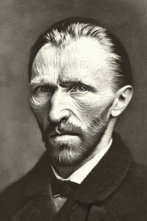 Image similar to a monochrome daguerrotype realistic, supersharp portrait of vincent van gogh, shallow depth of field