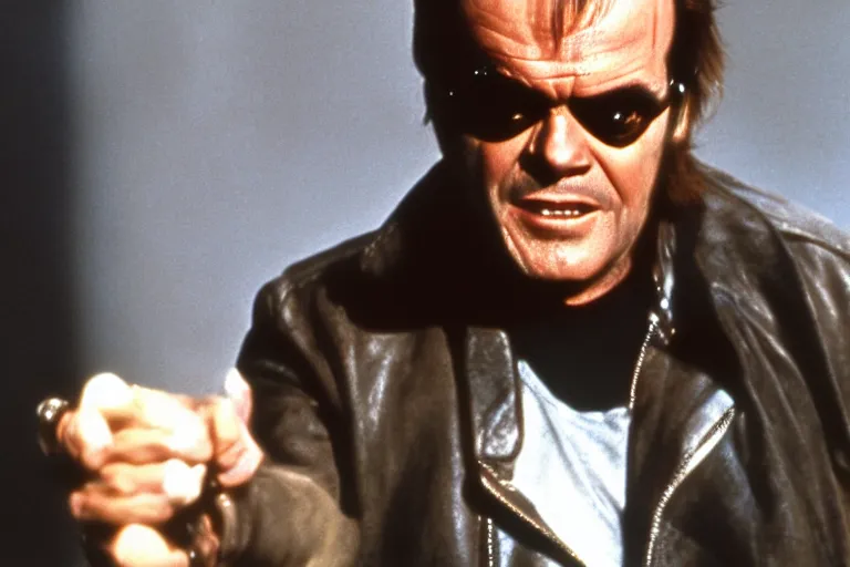 Image similar to Jack Nicholson plays Terminator, he is missing one eye