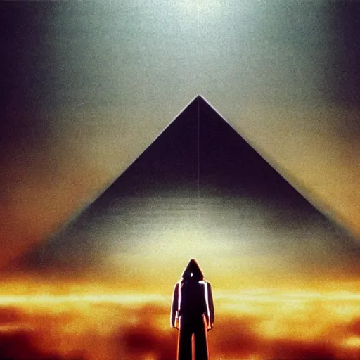 Prompt: ultra - dramatic moody arthouse japanese 1 9 8 0's high - budget sci - fi movie, a giant metalic cassetepunk futuristic pyramid topped with the head of a screaming man inside a massive cavernous brutalist cement temple with pools of golden light, atmospheric fog, 4 k, ultra - detailed, photorealistic, golden hour lighting