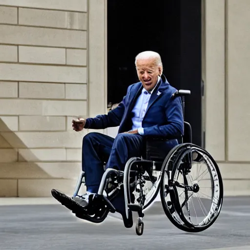 Image similar to joe biden falling down a wheelchair, detailed, 8 k, detailed face, photorealistic, sharp focus