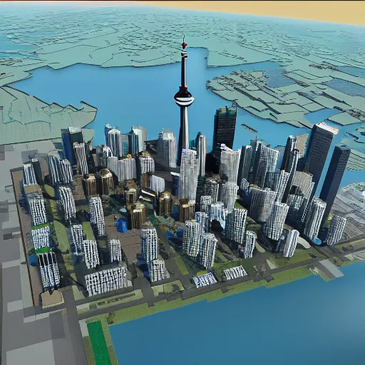 Image similar to Toronto in the style of minecraft. 3d render. isometric. Cn tower.