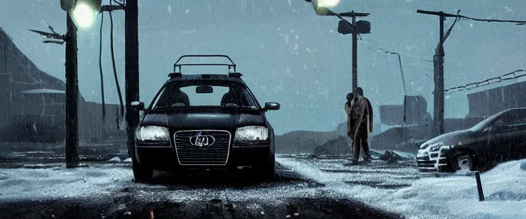 Image similar to Audi A4 B6 Avant (2002), a gritty neo-noir, dramatic lighting, cinematic, eerie person, death, homicide, homicide in the snow, viscera splattered, gunshots, establishing shot, extremely high detail, photorealistic, cinematic lighting, artstation, by simon stalenhag, Max Payne (PC) (2001) winter New York at night, In the style of Max Payne 1 graphic novel, flashing lights, Poets of the Fall - Late Goodbye