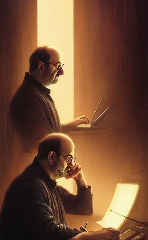 Image similar to portrait of salman rushdie writing in the dark, deep focus, blade runner 2 0 4 9, fantasy, intricate, elegant, highly detailed, digital painting, artstation, concept art, matte, sharp focus, illustration, art by artgerm and greg rutkowski and alphonse mucha