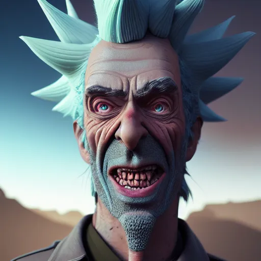 Image similar to apocalyptic rick sanchez portrait with ribbed face by gaston bussierre and charles vess and james jean and erik jones and rhads, 3 d octane render, beautiful fine face features, intricate high details, sharp, ultradetailed