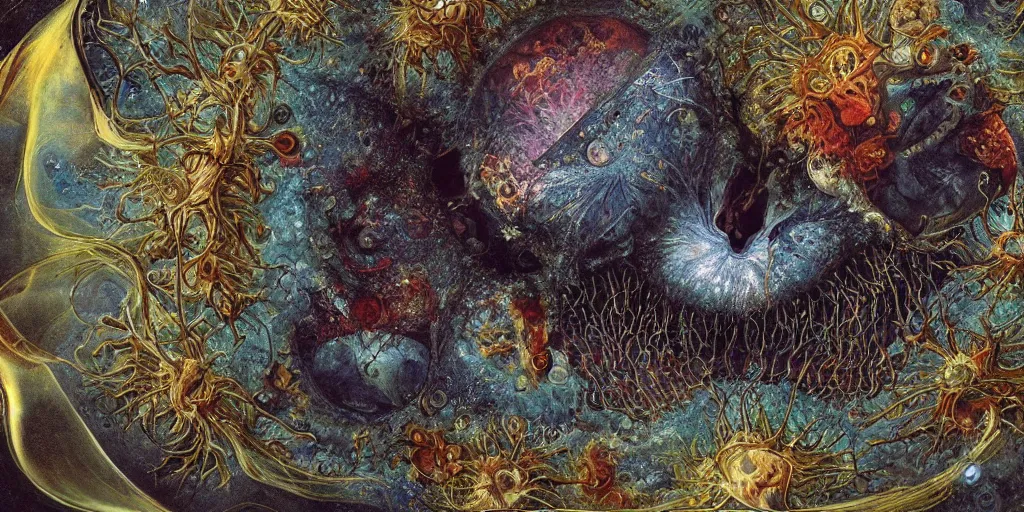 Prompt: a beautiful dreamy painting of a coronavirus inside a high-resolution television screen, laughing alien face, dark, sinister, detailed, art by Ernst Haeckel and Matt Lombardi and Greg Rutkowski-H 576