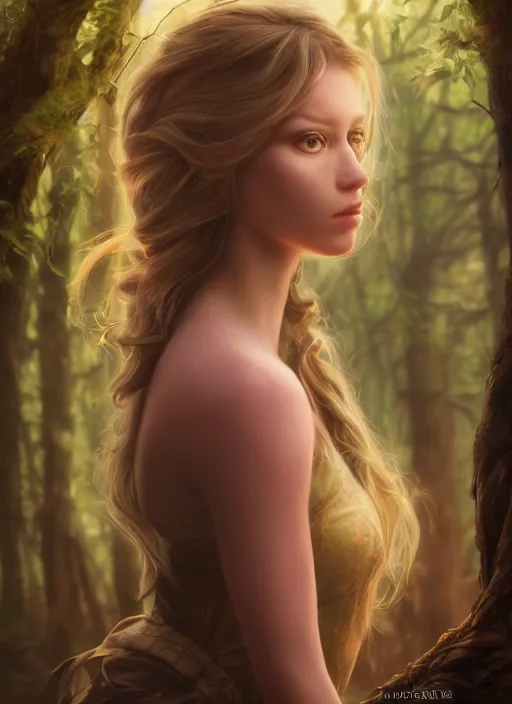 Prompt: portrait of a gorgeous princess of the forest, 8k render, ultra realistic, cinematic lighting, artstation, Annie Leibovitz, artgerm