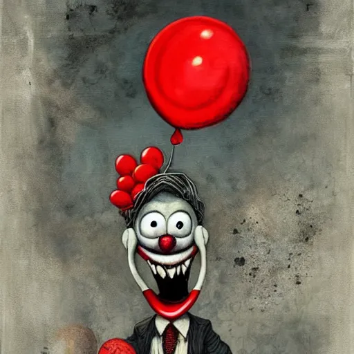 Prompt: grunge painting of mr krabs with a wide smile and a red balloon by chris leib, loony toons style, pennywise style, corpse bride style, horror theme, detailed, elegant, intricate