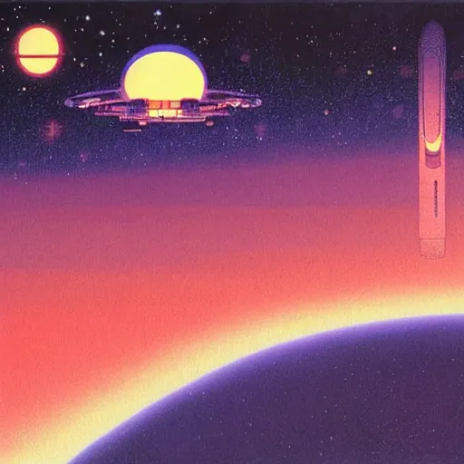 Prompt: a beautiful painting of a large alien shrine shrouded by mystic nebula magic in an asteroid field by hiroshi nagai and vincent di fate and moebius, detailed line art