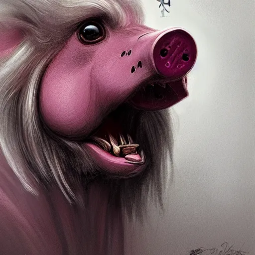 Image similar to dark fantasy character portrait of Peppa Pig, pig, animal, pig face, Peppa pig character, dramatic, unsettling, intricate, wild, highly detailed, digital painting, artstation, upper body, concept art, smooth, sharp focus, illustration, art by artgerm and greg rutkowski and alphonse mucha