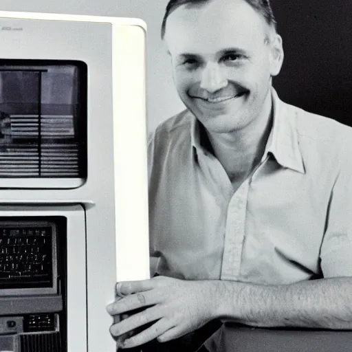 Image similar to a photo of a man sitting infront of a 1 9 9 0 s computer, he is smilling at the camera, he is a 3 meters away from the camera, light coming from the camera, taken on a 1 9 9 0 s camera.