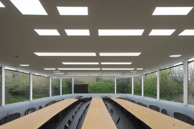 Prompt: brunel university lecture hall, brutalist architecture, built by tadao ando, overgrown with foliage, volumetric lighting