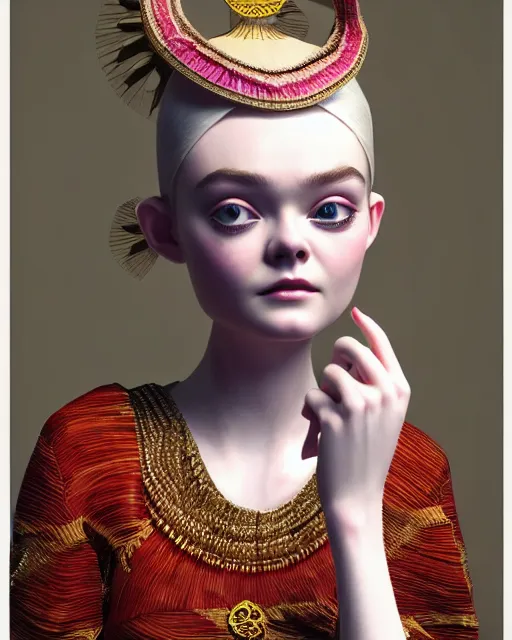 Prompt: a beautiful cute Elle Fanning wearing modern stylish costume in the style of Assamese bihu mekhela sador gamosa design, commercial fashion design art by Peter Kemp, face by Ross Tran and daz3d genesis iray, cinematic lighting, medium shot, mid-shot, slim female figure ramp walk model pose, highly detailed, trending on Artstation, Unreal Engine 4k, cinema 4d multi-pass ray traced, 8k fabric texture details, octane render, diffused natural skin glow