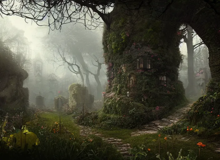 Image similar to secret garden, in the style of pan's labyrinth movie, pathway, deep dwell, spooky, dark, concept art, unreal engine 5, matte painting, artstation, caspar friedrich, wlop