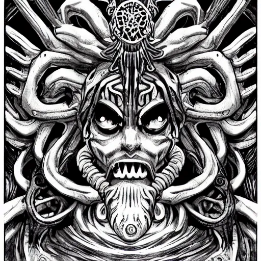 Prompt: 4 k headshot of godlike cthulhu with defined arms and open hands and bloody clothes with giant mandala wings, intricate face, flawless anime cel animation by kentaro miura, psychedelic, highly detailed upper body, professionally post - processed, beautiful, scary, symmetry accurate features, epic, octane rendered, anime masterpiece, accurate