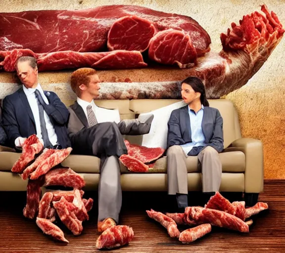 Prompt: realistic photograph of couch made out of meat, business men sitting on couch made out of meat and talking,