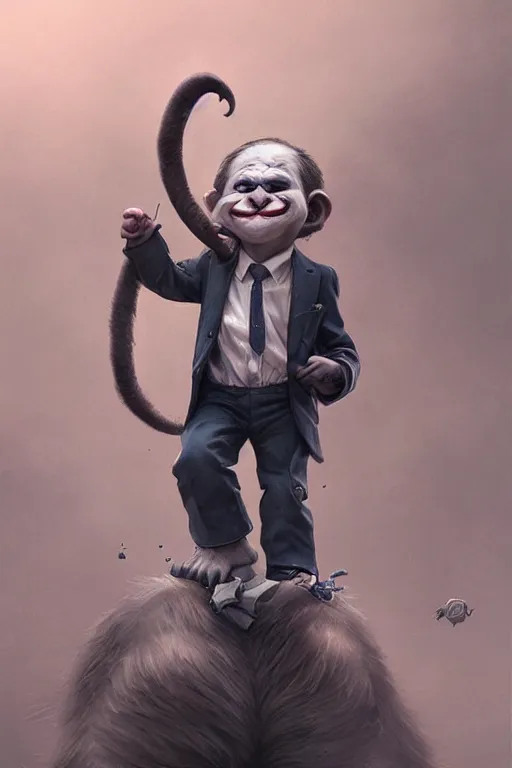 Image similar to cute adorable miniature Joker but he's an ape kid in a business suit, realistic and ultra intricate detailed soft painting, volumetric lighting, mist, Artstation, Tom Bagshaw Yasushi Nirasawa Moebius artstyle, unreal render, depth of field