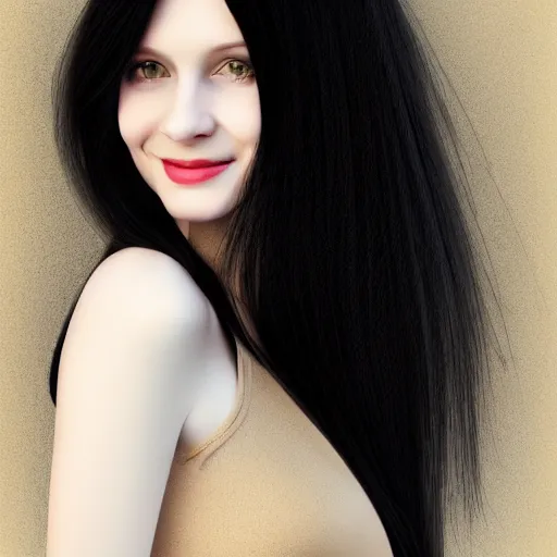 Image similar to portrait of a beautiful pale skin female with long black hair dark brown eyes gentle smiling expression elegant clothing photorealist