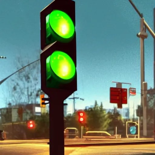 Image similar to a realistic photo of traffic light that uses portals from the video game portal 2 to control traffic at an intersection