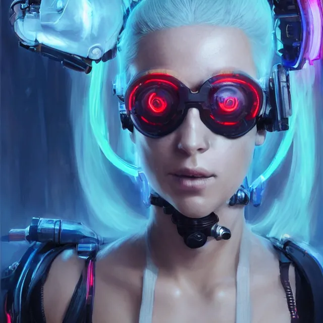 Image similar to A beautiful painting of a cyberpunk space jocky, girl with white hair fire red eyes sensual stare, Trending on artstation. augmentations and cybernetic enhancements neon circuits, greg rutkowski , hyperrealist, cinema4D, 8k highly detailed ❤️‍🔥 🔥 💀 🤖 🚀