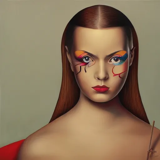 Prompt: a striking painting of a woman, an ultrafine detailed painting by rafal olbinski, behance contest winner, pop surrealism, detailed painting, skeuomorphic, airbrush art