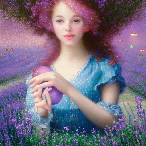 Prompt: a girl with three eyes on 5 translucent luminous spheres, full of floral and berry fillings, in an ocean of lavender color by thomas kinkade