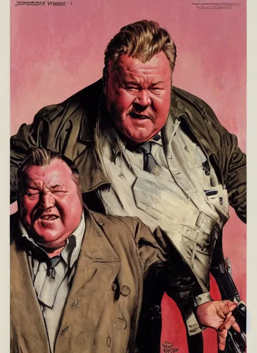 Prompt: ray winstone as a chubby supervillain wearing a pink trench coat, by norman rockwell and jason fabok and tom lovell and frank schoonover and dean cornwell